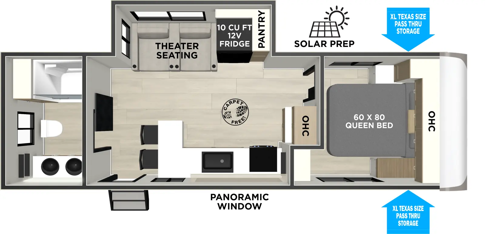 The Heritage Glen Travel Trailers 24RBHL floorplan has one entry and one slide out. Exterior features include: fiberglass exterior. Interiors features include: front bedroom and rear bathroom.
